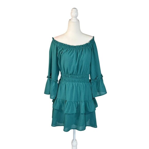 LELIS Collection-Shoulder Teal Mini Dress Size m With Bell Sleeves & Ruffle Deta - Picture 1 of 10